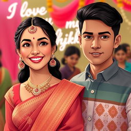 A cute and beautiful Indian office girl named Minakshi, aged 25, dressed in a gorgeous outfit for an Indian festival, radiates happiness with her bright smile