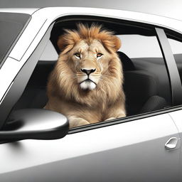 A digital art image of superior quality, featuring a regal lion at the helm of a Seat Leon