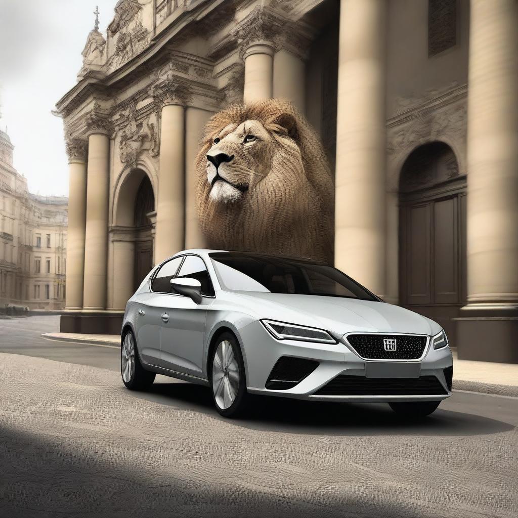 A digital art image of superior quality, featuring a regal lion at the helm of a Seat Leon