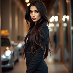 A portrait of a stunning woman resembling Nazanin Bayati, featuring her long, flowing dark hair and expressive, almond-shaped eyes