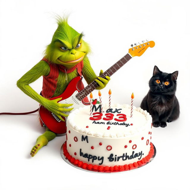 A grumpy Grinch character intensely playing an electric guitar, showcasing a humorous scowl