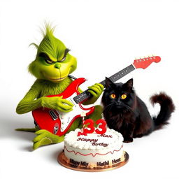 A grumpy Grinch character intensely playing an electric guitar, showcasing a humorous scowl