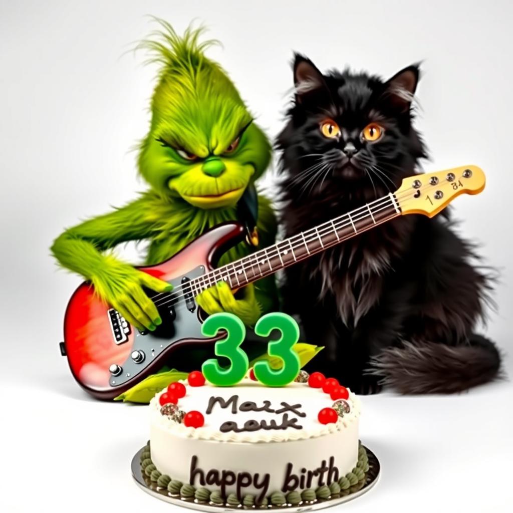 A grumpy Grinch character intensely playing an electric guitar, showcasing a humorous scowl