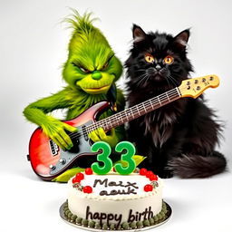 A grumpy Grinch character intensely playing an electric guitar, showcasing a humorous scowl