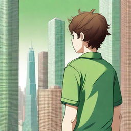 An intricately detailed digital art image of a boy with brown hair, wearing a green shirt, facing away from the viewer towards a skyline of skyscrapers