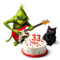 A grumpy Grinch character intensely playing an electric guitar, showcasing a humorous scowl