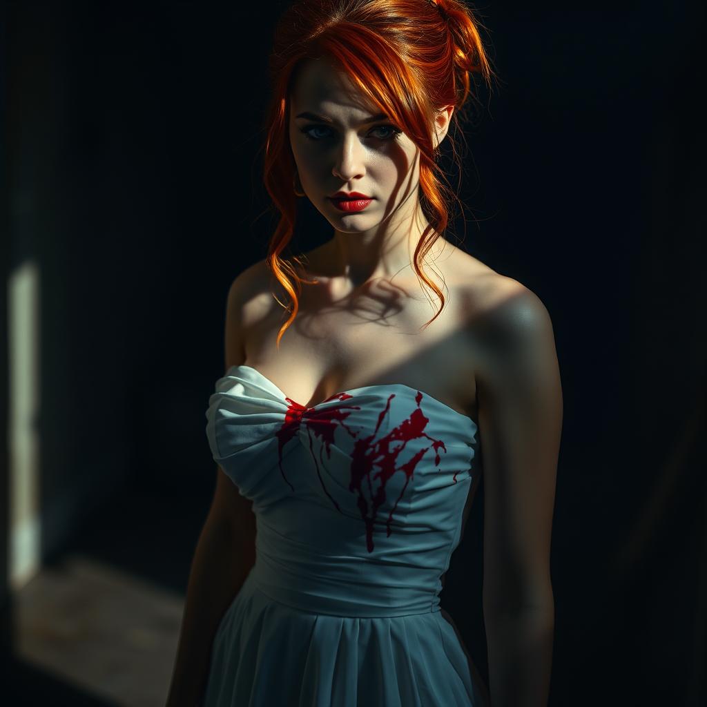 A dramatic scene featuring a woman with striking red hair, wearing a white wedding dress that is artistically stained with blood