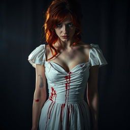A dramatic scene featuring a woman with striking red hair, wearing a white wedding dress that is artistically stained with blood