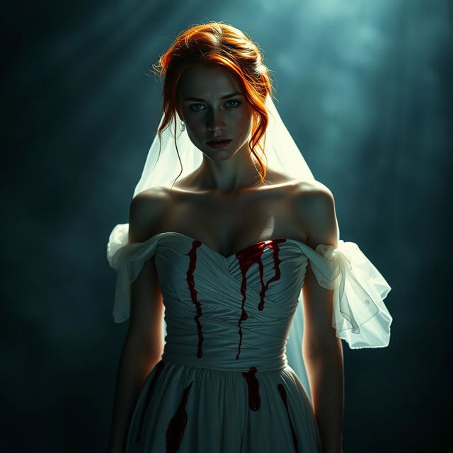 A dramatic scene featuring a woman with striking red hair, wearing a white wedding dress that is artistically stained with blood