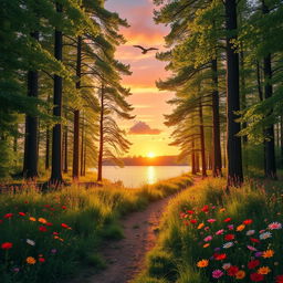 A serene forest scene during sunset, featuring a narrow, winding path lined with vibrant wildflowers in full bloom, leading to a clear, sparkling lake reflecting the colorful hues of the sky