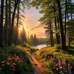 A serene forest scene during sunset, featuring a narrow, winding path lined with vibrant wildflowers in full bloom, leading to a clear, sparkling lake reflecting the colorful hues of the sky