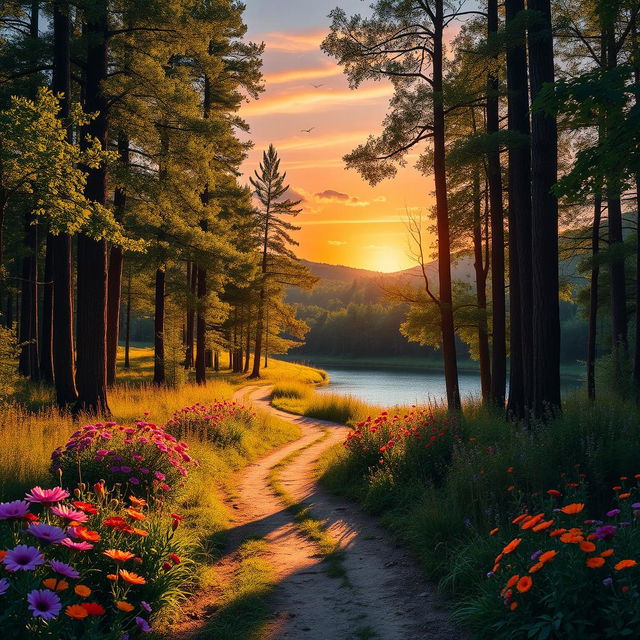 A serene forest scene during sunset, featuring a narrow, winding path lined with vibrant wildflowers in full bloom, leading to a clear, sparkling lake reflecting the colorful hues of the sky