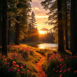 A serene forest scene during sunset, featuring a narrow, winding path lined with vibrant wildflowers in full bloom, leading to a clear, sparkling lake reflecting the colorful hues of the sky