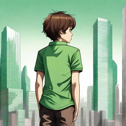 An intricately detailed digital art image of a boy with brown hair, wearing a green shirt, facing away from the viewer towards a skyline of skyscrapers