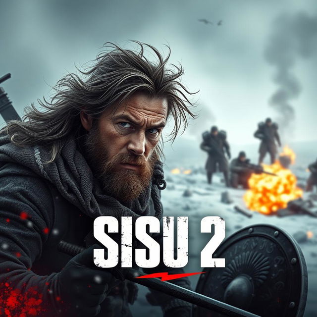 A cinematic poster for 'Sisu 2', featuring an intense action scene with a rugged, battle-hardened man as the main character