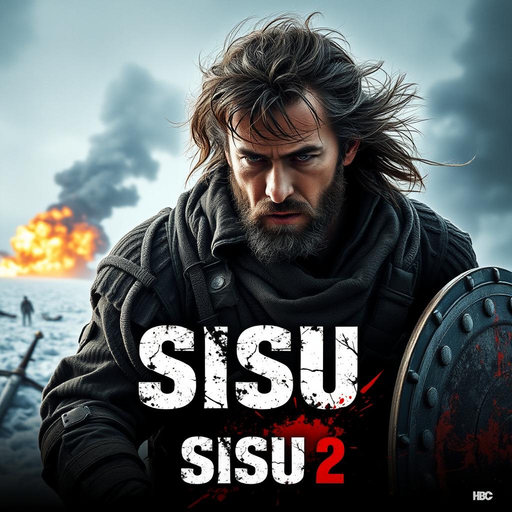 A cinematic poster for 'Sisu 2', featuring an intense action scene with a rugged, battle-hardened man as the main character