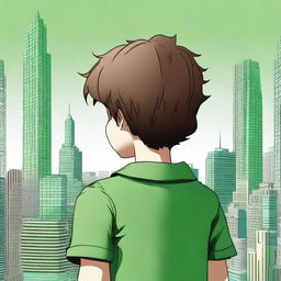 An intricately detailed digital art image of a boy with brown hair, wearing a green shirt, facing away from the viewer towards a skyline of skyscrapers