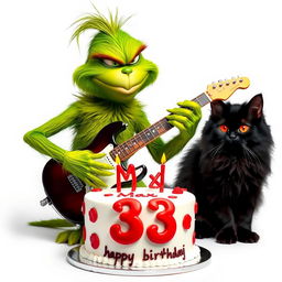A grumpy Grinch character playing an electric guitar with a humorous frown, showcasing his playful side