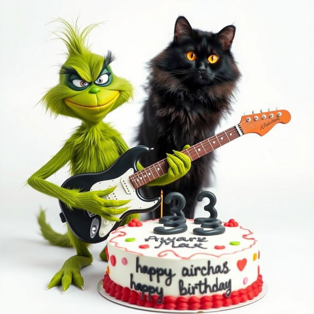 A grumpy Grinch character playing an electric guitar with a humorous frown, showcasing his playful side