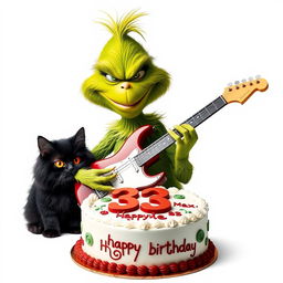 A grumpy Grinch character playing an electric guitar with a humorous frown, showcasing his playful side