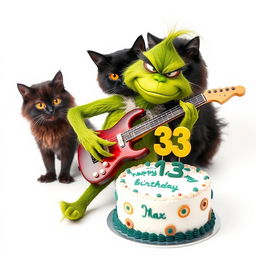 A grumpy Grinch character playing an electric guitar with a humorous frown, showcasing his playful side