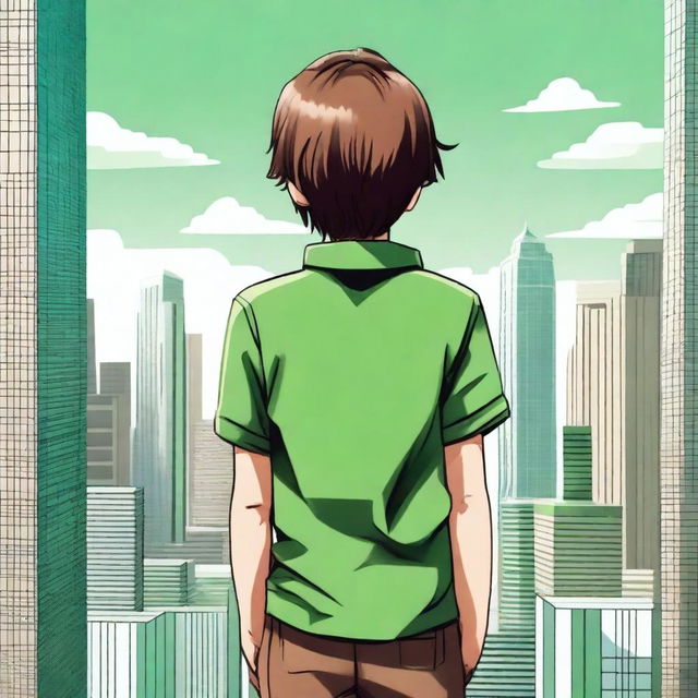 An intricately detailed digital art image of a boy with brown hair, wearing a green shirt, facing away from the viewer towards a skyline of skyscrapers