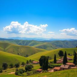 A serene and picturesque landscape representing 'Lebanon of your dreams', featuring rolling green hills, ancient cedar trees, and a vibrant blue sky with a few fluffy clouds