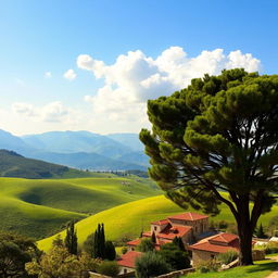 A serene and picturesque landscape representing 'Lebanon of your dreams', featuring rolling green hills, ancient cedar trees, and a vibrant blue sky with a few fluffy clouds