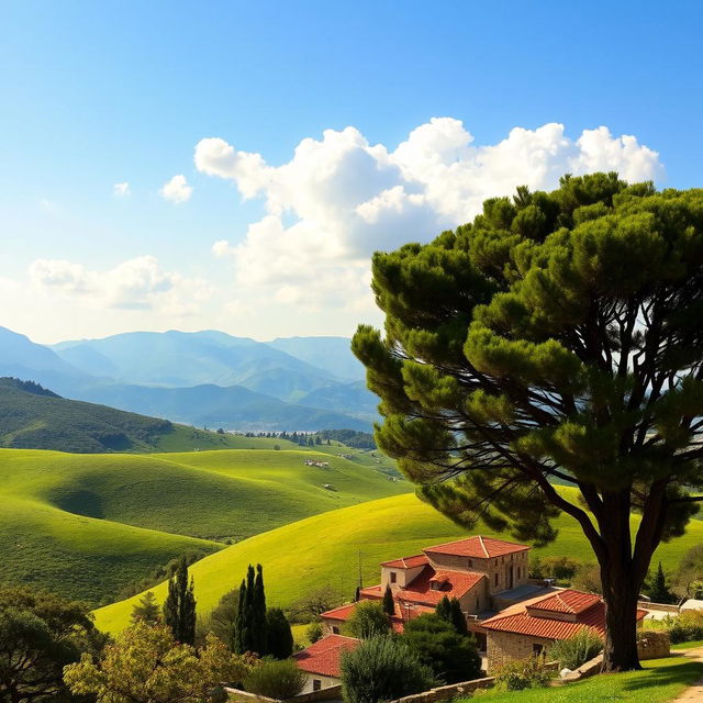 A serene and picturesque landscape representing 'Lebanon of your dreams', featuring rolling green hills, ancient cedar trees, and a vibrant blue sky with a few fluffy clouds