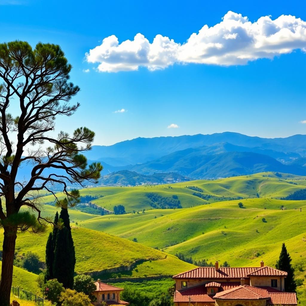 A serene and picturesque landscape representing 'Lebanon of your dreams', featuring rolling green hills, ancient cedar trees, and a vibrant blue sky with a few fluffy clouds