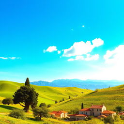 A serene and picturesque landscape representing 'Lebanon of your dreams', featuring rolling green hills, ancient cedar trees, and a vibrant blue sky with a few fluffy clouds
