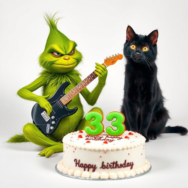 A grumpy Grinch character passionately playing an electric guitar, showcasing his playful yet displeased expression