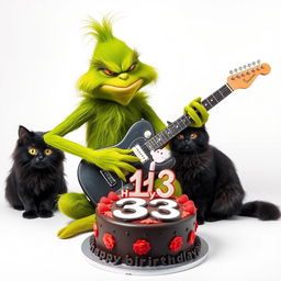 A grumpy Grinch character passionately playing an electric guitar, showcasing his playful yet displeased expression