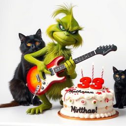 A grumpy Grinch character passionately playing an electric guitar, showcasing his playful yet displeased expression
