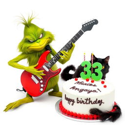 A grumpy Grinch character passionately playing an electric guitar, showcasing his playful yet displeased expression