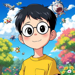 A portrait of Nobita, the beloved character from the famous Japanese anime and manga 'Doraemon'
