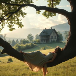 A beautiful, picturesque landscape featuring an ancient style house nestled in the serene countryside with lush greenery surrounding it
