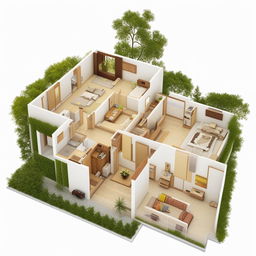 Design an internal floor plan for a 45x45 area house featuring an open-concept living room with visible staircase, a master bedroom, a small guest room, a temple, a kitchen combined with a dining area, and a common washroom.