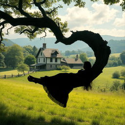 A beautiful, picturesque landscape featuring an ancient style house nestled in the serene countryside with lush greenery surrounding it
