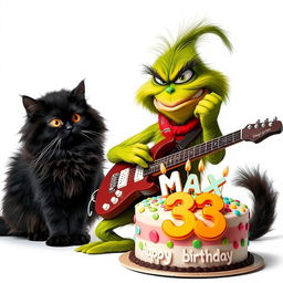 A grumpy Grinch character energetically playing an electric guitar, displaying a humorous frown as he rocks out