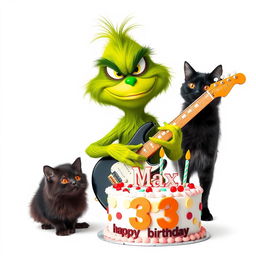 A grumpy Grinch character energetically playing an electric guitar, displaying a humorous frown as he rocks out