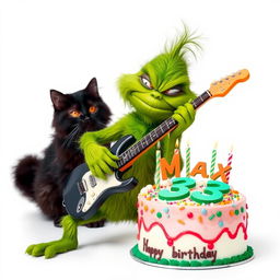 A grumpy Grinch character energetically playing an electric guitar, displaying a humorous frown as he rocks out