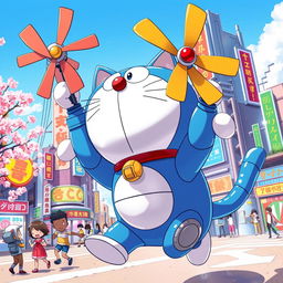 A creative and whimsical illustration of a futuristic robotic cat resembling Doraemon, with a round face, large blue body, and a small bell on his collar