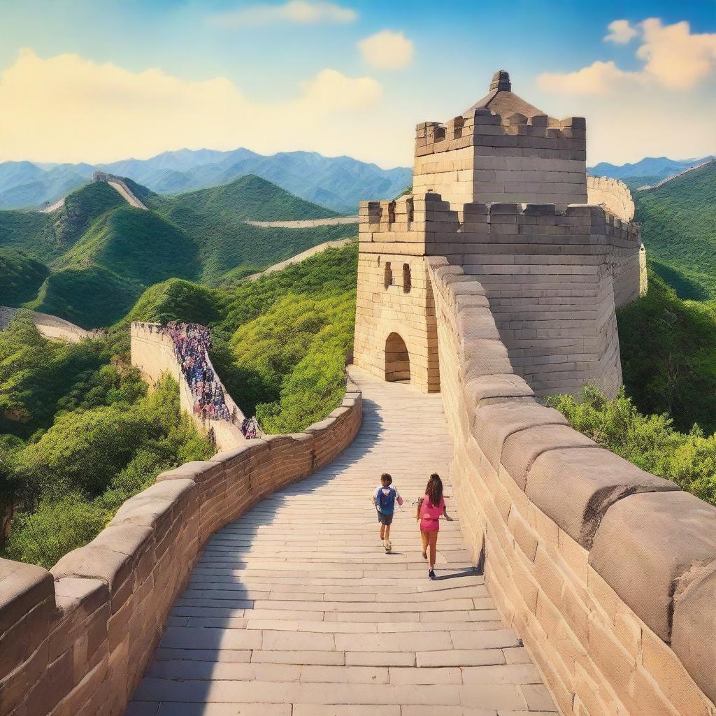 A vibrant, high-quality photo capturing the Great Wall of China attraction at a Disney amusement park