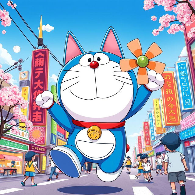 A creative and whimsical illustration of a futuristic robotic cat resembling Doraemon, with a round face, large blue body, and a small bell on his collar