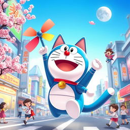 A creative and whimsical illustration of a futuristic robotic cat resembling Doraemon, with a round face, large blue body, and a small bell on his collar