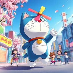 A creative and whimsical illustration of a futuristic robotic cat resembling Doraemon, with a round face, large blue body, and a small bell on his collar
