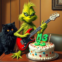 A grumpy Grinch character energetically playing an electric guitar, his expression full of playful annoyance