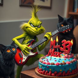 A grumpy Grinch character energetically playing an electric guitar, his expression full of playful annoyance