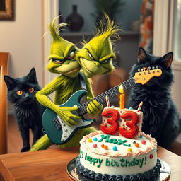 A grumpy Grinch character energetically playing an electric guitar, his expression full of playful annoyance
